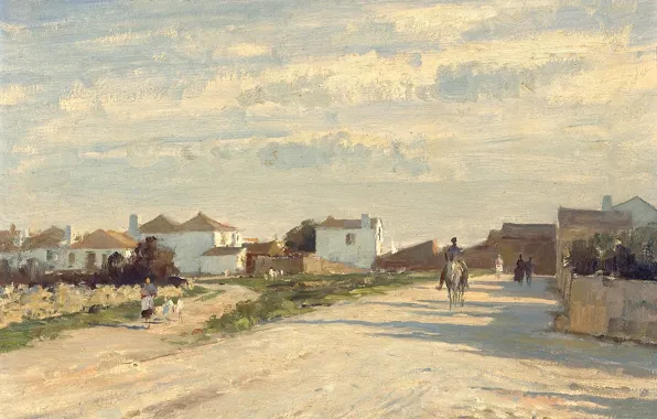 Пейзаж, дома, картина, всадник, Эдуард Сиго, Вид Деревни Торрес. Португалия