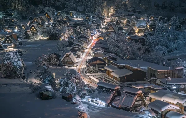 Зима, Япония, деревня, Japan, winter, village, Сиракава, Shirakawa