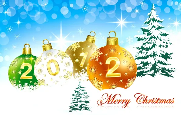 Картинка небо, снег, праздник, шары, елки, елка, новый год, 2012