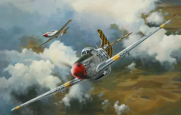 Картинка war, art, airplane, aviation, ww2, p51 d mustang