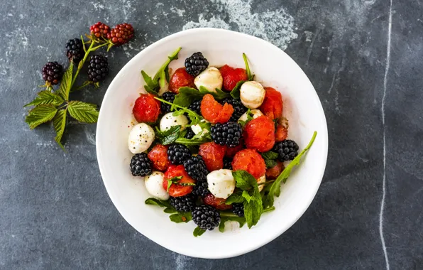 Ягоды, сыр, клубника, тарелка, ежевика, strawberry, салат, blackberry