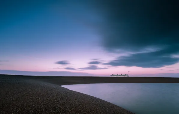 Картинка небо, облака, закат, тучи, розовый, берег, Англия, вечер