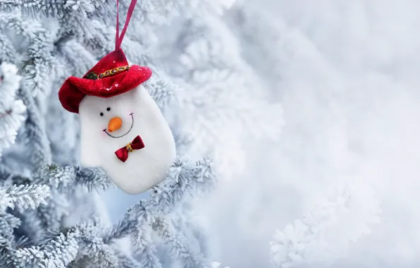 Картинка зима, снег, игрушка, елка, Новый Год, Рождество, снеговик, Christmas