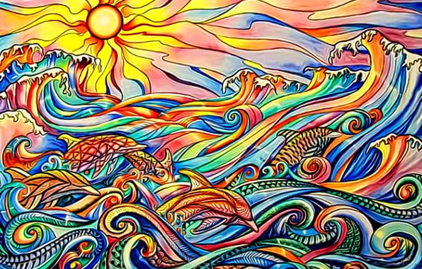 Картинка море, волны, небо, солнце, закат, абстракция, дельфины, игра красок