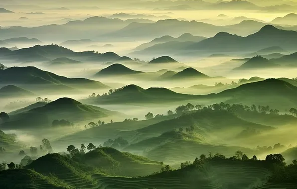 Картинка green, landscape, mountains, mist, rice fields, AI art