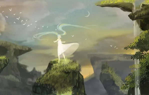 Картинка небо, птицы, скалы, аниме, девочка, Hatsune Miku