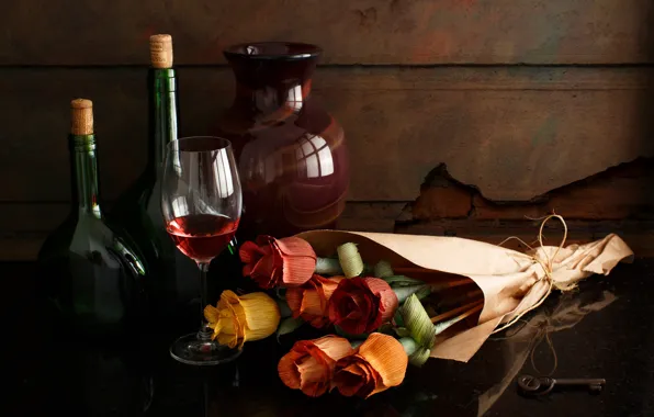 Картинка стиль, вино, бокал, розы, букет, ваза, бутылки, натюрморт