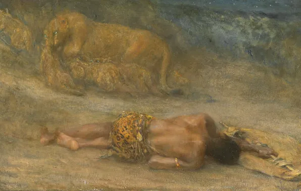 Масло, картина, холст, 1905, Джон Макаллан Суон, МЕСТЬ, Львица со Своими Детенышами и Убитый Негр, …