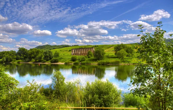 Лето, небо, облака, деревья, река, Германия, summer, river