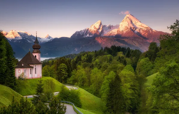Лес, горы, весна, Германия, Бавария, церковь