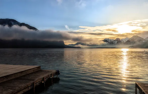 Sunrise, Austria, Reflection, Wolfgangssee, Last morning fog