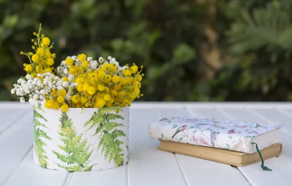 Цветы, букет, желтые, книга, ваза, белые, flowers, books