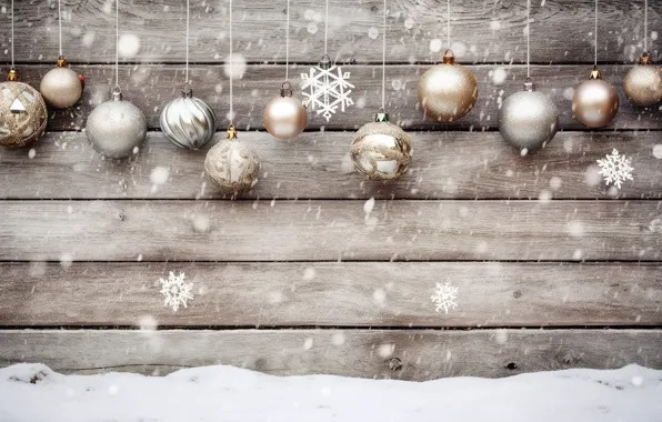 Снег, украшения, шары, Новый Год, Рождество, golden, new year, Christmas
