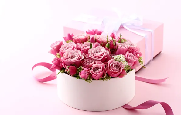 Картинка коробка, подарок, розы, букет, love, розовые, heart, pink
