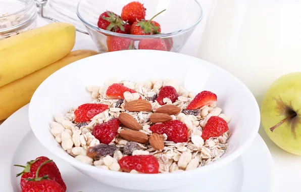 Картинка хлопья, cereals, мюсли с молоком и фруктами и свежими ягодами, Здоровый завтрак