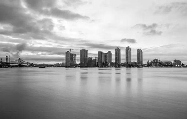 Море, мост, city, город, черный и белый, sea, bridge, buildings