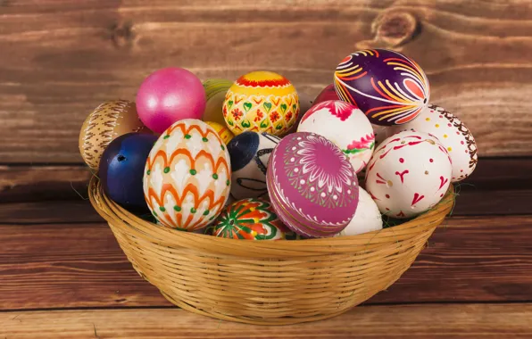 Картинка корзина, colorful, Пасха, wood, spring, Easter, eggs, decoration