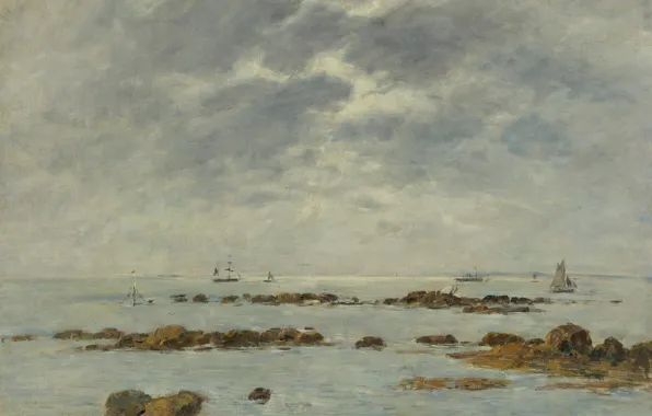 Море, облака, лодка, картина, парус, Эжен Буден, Eugene Boudin, Морской Пейзаж в Сен-Вааст-ла-Уг