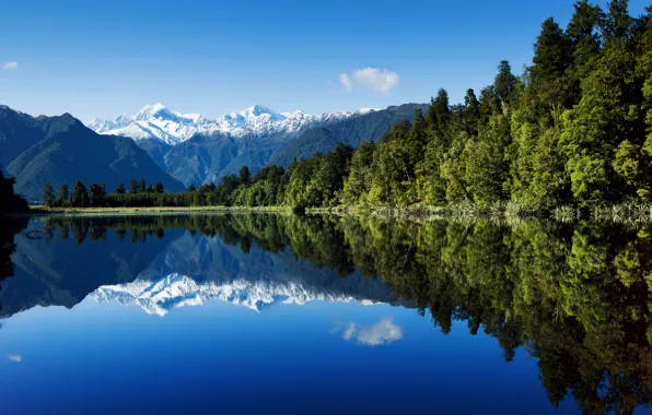 Лес, небо, вода, горы, озеро, отражение, новая зеландия