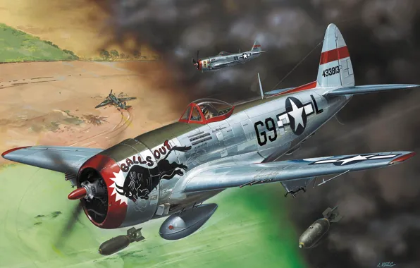 Арт, Thunderbolt, USAF, истребитель-бомбардировщик, WW2, Republic, Jug, P-47D-30
