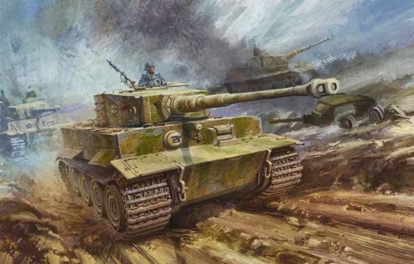 Тигр, рисунок, вторая мировая, немцы, вермахт, тяжелый танк, PzKpfw VI, 505 тяжелый танковый батальон