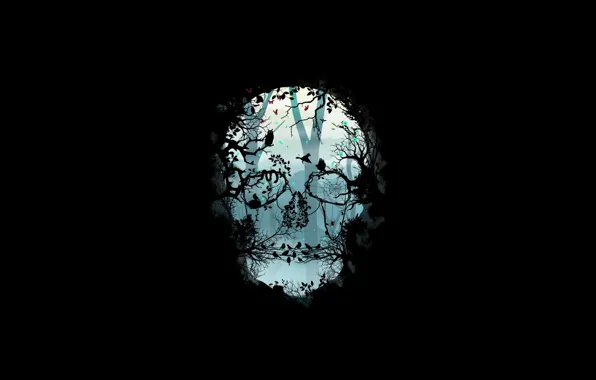 Минимализм, Череп, Лес, Птицы, Ветки, Стиль, Fantasy, Арт
