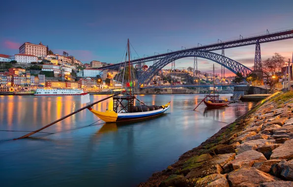 Мост, река, лодки, Португалия, Portugal, Vila Nova de Gaia, Porto, Порту