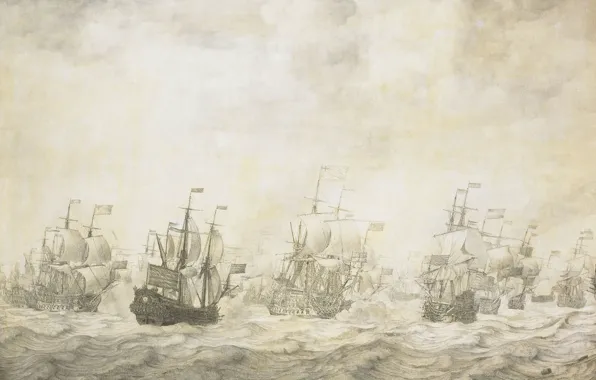 Картина, чернила, холст, 1668, Willem van de Velde I, Виллем ван де Велде Старший, Эпизод …