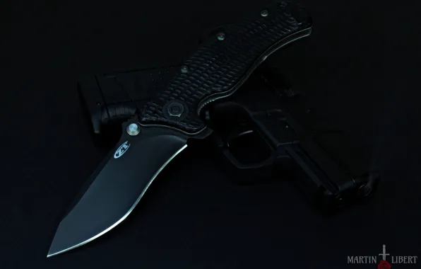 Темный фон, пистолет, нож, складной нож, черный нож, Zero Tolerance, черный пистолет, Walther Compact PPS