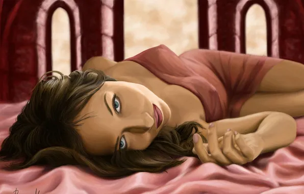 Картинка девушка, арт, розовое, постель, ткань, лежа
