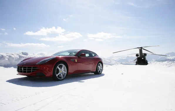 Снег, вертолет, Ferrari, красная, Snow, хетчбек, helicoter