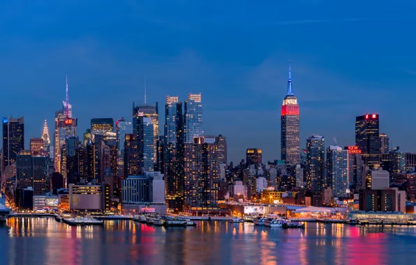 City, lights, USA, Brooklyn, night, New York, Manhattan, reflection