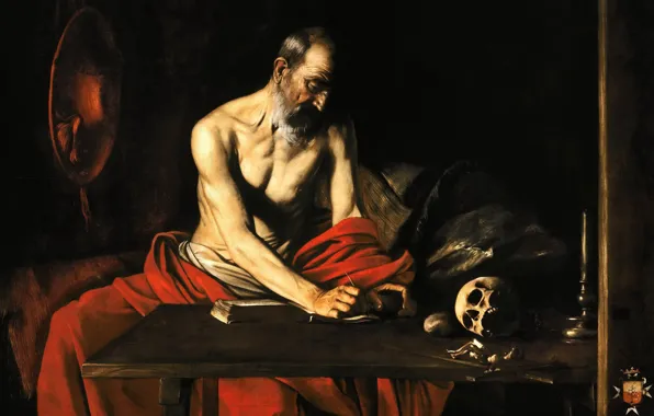 Картинка картина, религия, Караваджо, Пишущий Святой Иероним