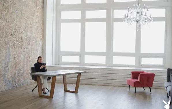 Playboy, table, armchair, stylish, phone, pornstar, chandelier, Stacy Cruz