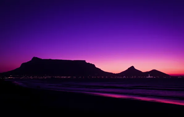 Горы, ночь, город, огни, океан, South Africa, Южная Африка, Table Mountain