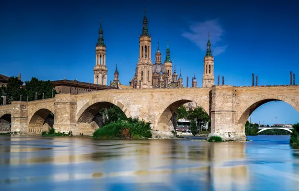 Мост, река, храм, Испания, Spain, Zaragoza, Сарагоса, Каменный мост