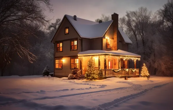 Зима, снег, ночь, lights, елка, Новый Год, Рождество, домик