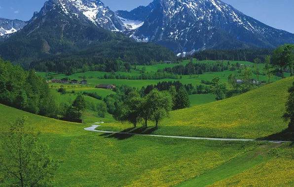 Картинка дорога, небо, деревья, горы, дом, Австрия, долина