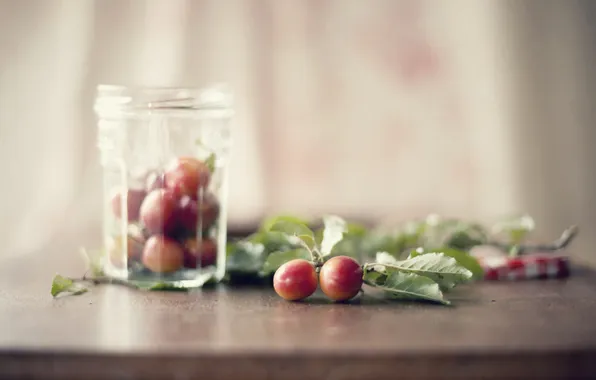 Glass, bokeh, cherry plum fruits