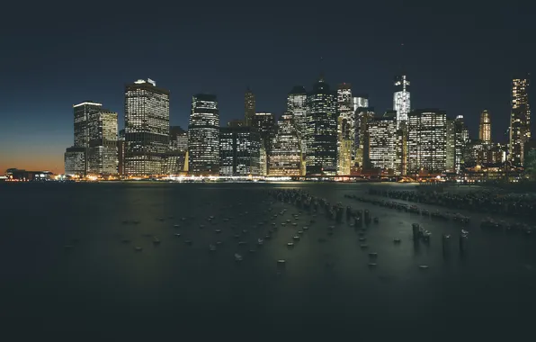 Картинка ночь, город, вид, здания, дома, Нью-Йорк, небоскребы, панорама