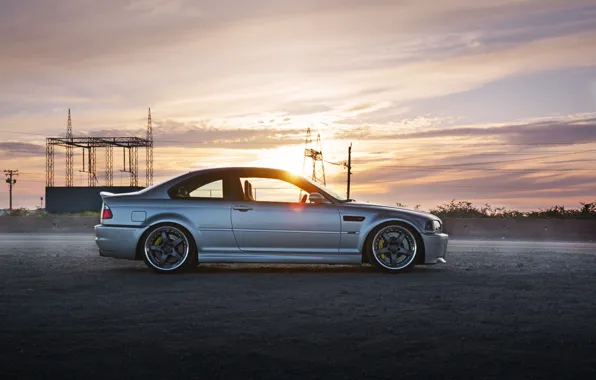 Bmw, silver, sunset, clouds, e46