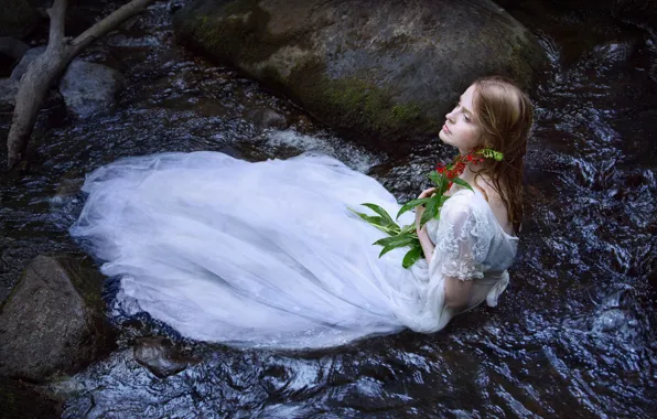 Картинка цветок, девушка, река, настроение, ситуация, платье