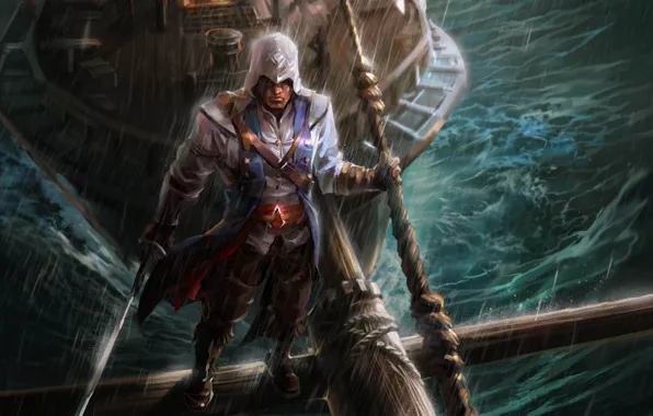 Дождь, корабль, балки, капюшон, парень, сабля, fan art, Assassin‘s Creed