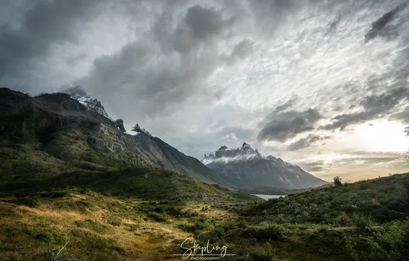 Картинка облака, горы, горизонт, кустарник, красота природы, Torres del Paine, живописный пейзаж, Ганюшкин Владимир
