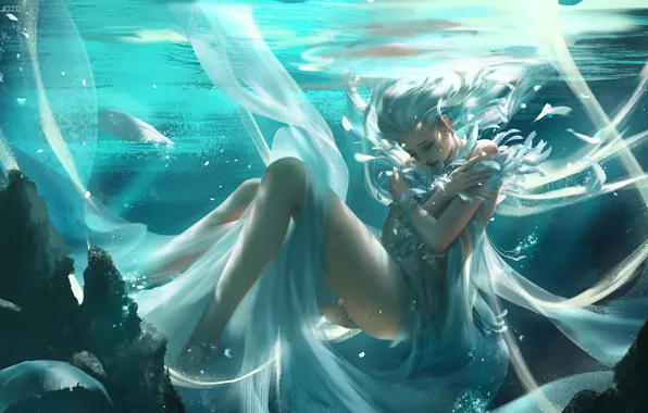 Картинка Girl, fantasy, dress, legs, underwater, feathers, artwork, fantasy art