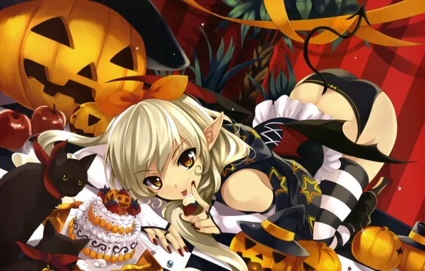 Торт, Halloween, демонесса, вкусняшка, полосатые чулки, тыквы зла, на четвереньках, красные яблоки