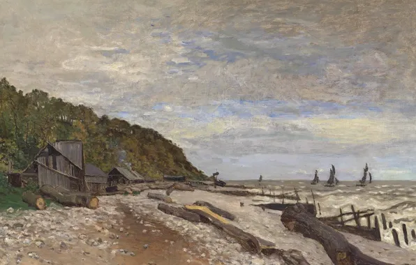 Картинка море, пейзаж, берег, лодка, картина, парус, Клод Моне, Boatyard near Honfleur