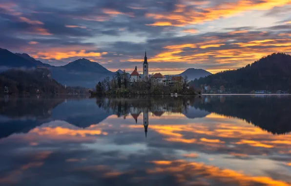 Горы, озеро, отражение, рассвет, остров, утро, Словения, Lake Bled
