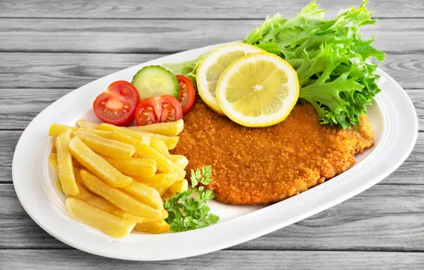 Зелень, стол, лимон, доски, тарелка, мясо, овощи, помидоры