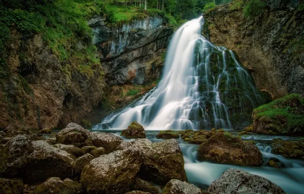 Картинка водопад, камни, вода, мох, поток